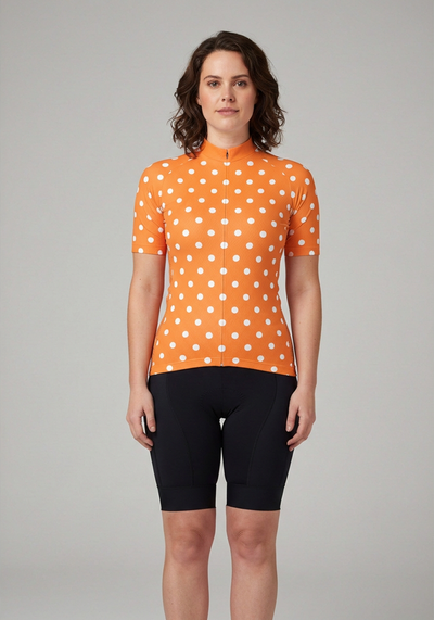 Womens High Visibility Polka Dot Cycling Jersey - Orange - front view