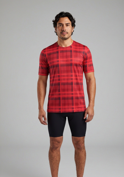 Org Plaid Tartan Mens Technical Running Shirt - Red - front view