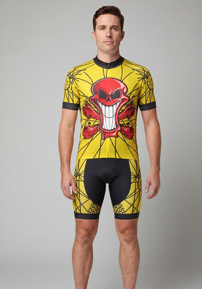 Mens Flaming Red Skull Short Sleeve Cycling Jersey - front view