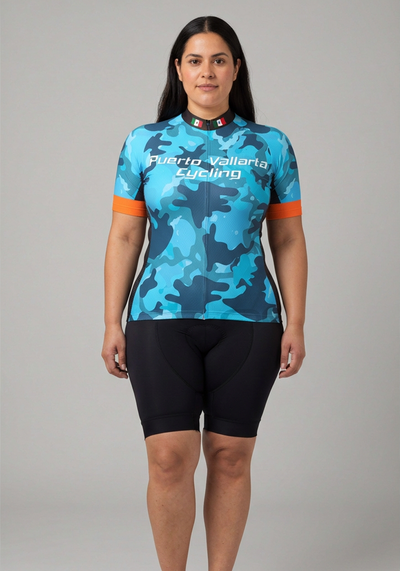 Womens Puerto Vallarta Camo Short Sleeve Cycling Jersey - Blue - front view
