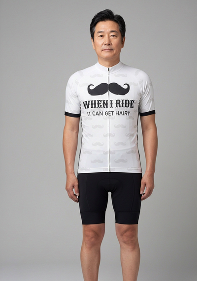 Mens Hairy Moustache Short Sleeve Cycling Jersey - Tan - front view
