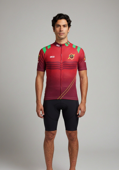 Mens Velocity Red Short Sleeve Cycling Jersey - front view