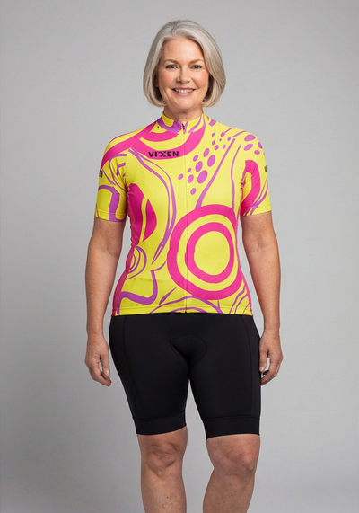 Vixen Womens Scribbles Short Sleeve Cycling Jersey - Yellow - front view