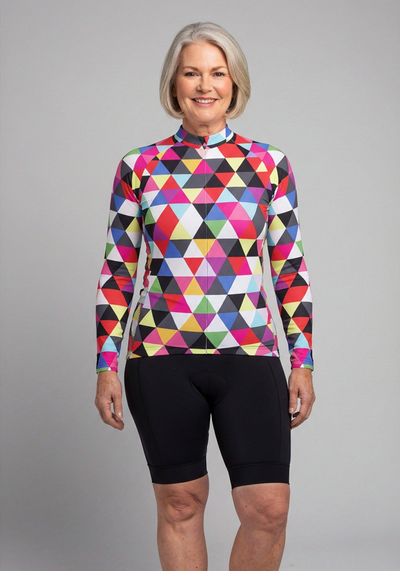 Womens High Viz Color Triangles Long Sleeve Cycling Jersey - Black - front view