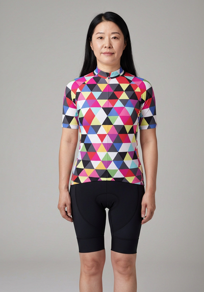 Womens High Viz Color Triangles Short Sleeve Cycling Jersey - Black - front view