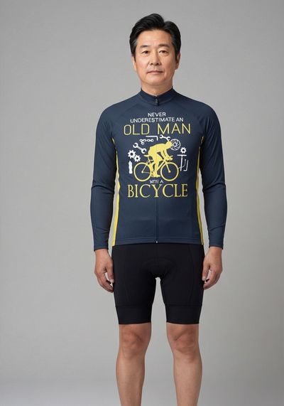 Mens Old Man Bicycle Long Sleeve Cycling Jersey - Navy Blue - front view