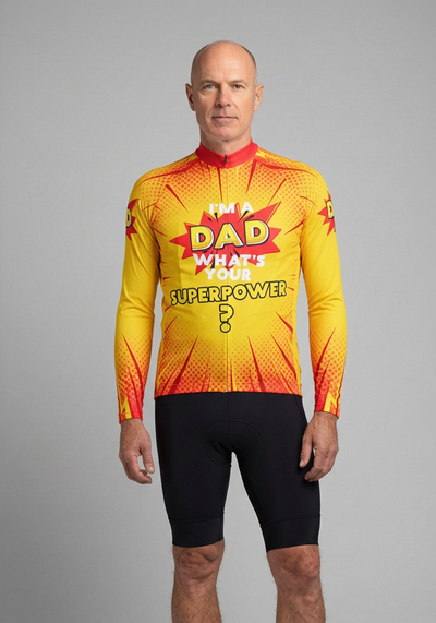 Mens Dad Superpowers Long Sleeve Cycling Jersey - front view