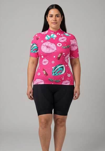 Womens Lipstick And Gears Short Sleeve Cycling Jersey - Pink - front view