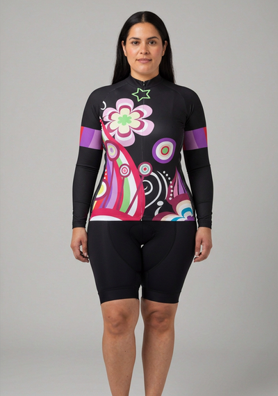 Womens Floral Black Long Sleeve Cycling Jersey - front view