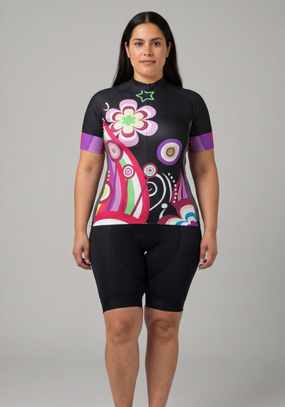Womens Floral Black Short Sleeve Cycling Jersey - front view