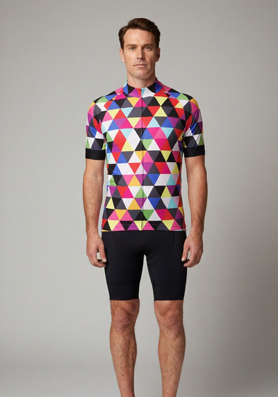 High Viz Color Triangles Short Sleeve Cycling Jersey - Black - front view