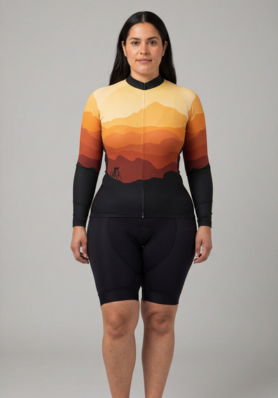 Womens Ride Free Sunset Long Sleeve Cycling Jersey - Orange - front view