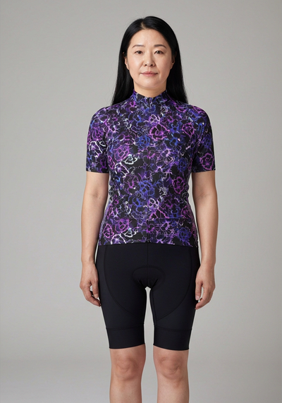Womens Floral Dark Neon Short Sleeve Cycling Jersey - front view