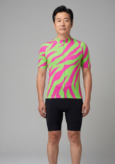 Mens Green Pink Tiger Short Sleeve Cycling Jersey - front view