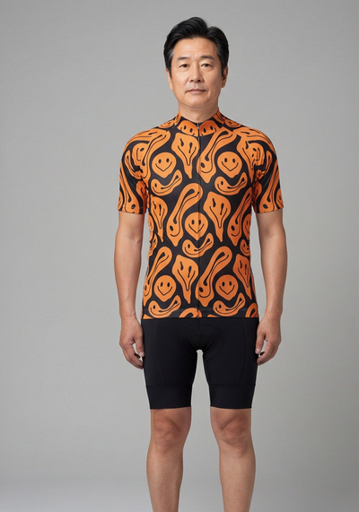 Mens Psychedelic Ghosts Short Sleeve Cycling Jersey - Black & Orange - front view