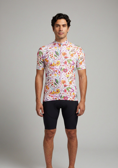 Mens Painterly Blooms Short Sleeve Cycling Jersey - front view