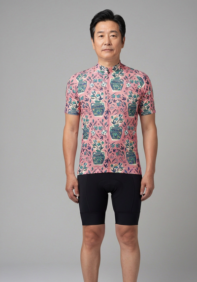 Mens Vases Flowers Short Sleeve Cycling Jersey - Pink - front view