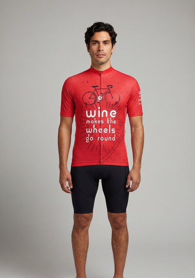 Mens Wine Makes The Wheels Go Round Short Sleeve Cycling Jersey - Red - front view