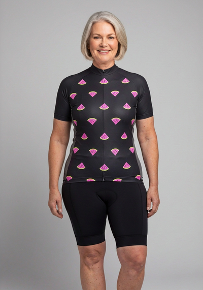 Womens Watermelon Black Short Sleeve Cycling Jersey - front view