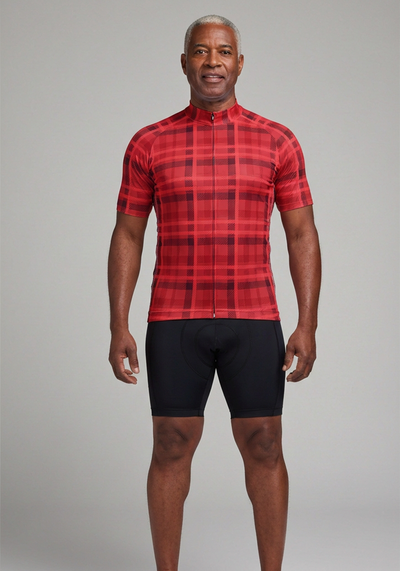 Mens Plaid Tartan Short Sleeve Cycling Jersey - front view
