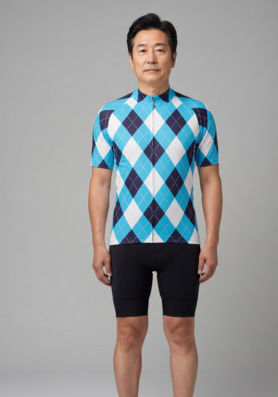 Mens Patchwork Short Sleeve Cycling Jersey - Blue - front view