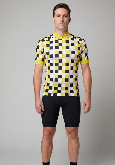 Mens Checkered Plaid Short Sleeve Cycling Jersey - Yellow - front view