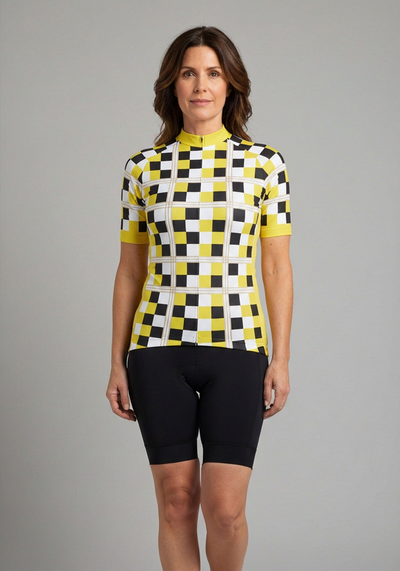 Womens Checkered Plaid Short Sleeve Cycling Jersey - Yellow - front view