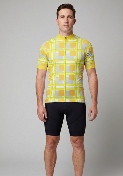 Mens Criss Crossed Tartan Short Sleeve Cycling Jersey - Lime - front view