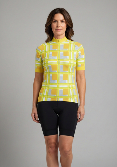 Womens Criss Crossed Tartan Short Sleeve Cycling Jersey - Lime - front view