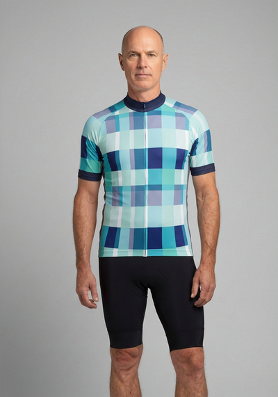 Mens Tartan Short Sleeve Cycling Jersey - Blue - front view