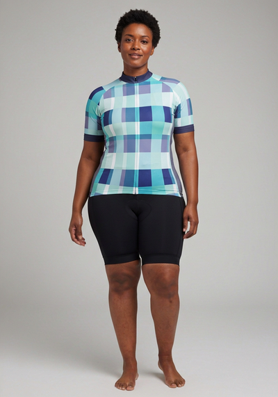 Womens Tartan Short Sleeve Cycling Jersey - Blue - front view