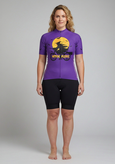 Womens Witch Please Short Sleeve Cycling Jersey - Purple - front view