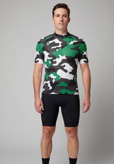 Mens Camouflage Winter Green Short Sleeve Cycling Jersey - front view