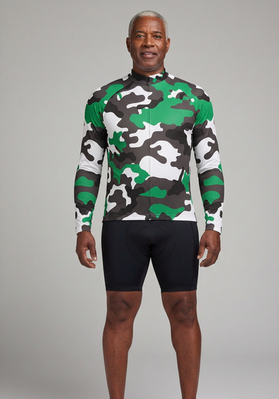 Mens Camouflage Winter Green Long Sleeve Cycling Jersey - front view