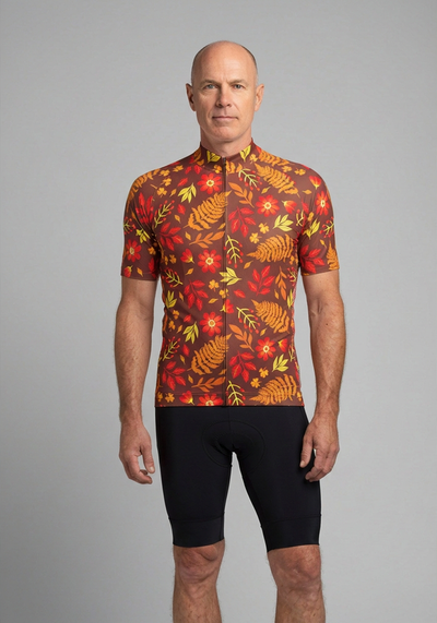 Mens Autumn Leaves Dark Short Sleeve Cycling Jersey - front view