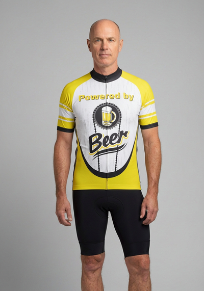 Mens Powered By Beer Short Sleeve Cycling Jersey - front view