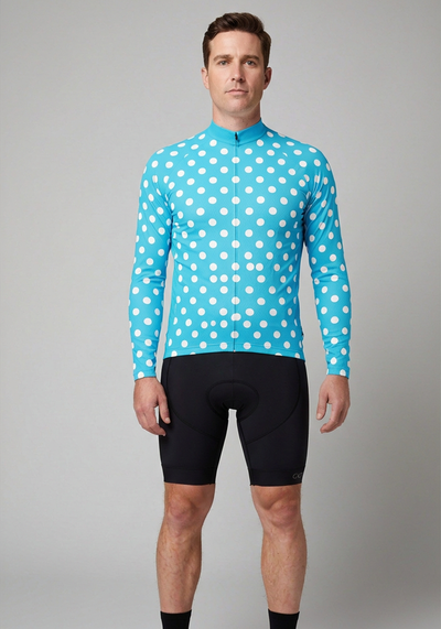 Mens High Viz White Polka Dots On Blue Long Sleeve Cycling Jersey - Blue - front view