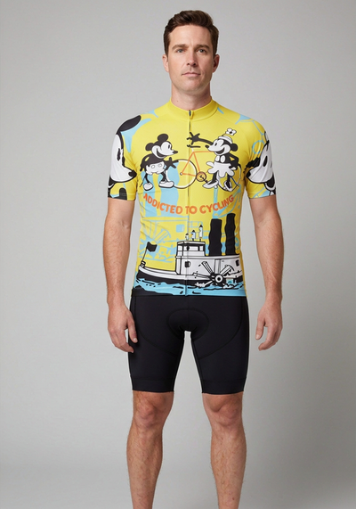 Mens Steamboat Willie Addicted To Cycling Short Sleeve Cycling Jersey - front view