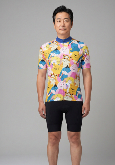 Mens Winnie The Pooh Characters Mashup Short Sleeve Cycling Jersey - front view