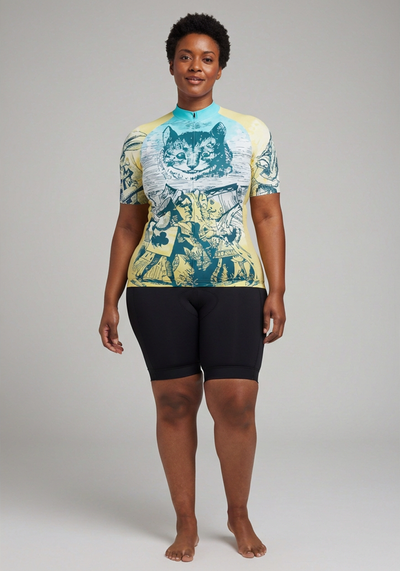 Womens Alice In Wonderland Short Sleeve Cycling Jersey - Blue and Yellow - front view