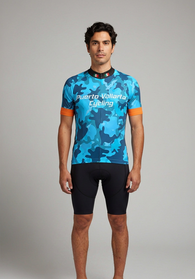 Mens Puerto Vallarta Camo Short Sleeve Cycling Jersey - Blue - front view