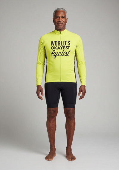 Mens Worlds Okayest Cyclist Long Sleeve Cycling Jersey - Yellow - front view