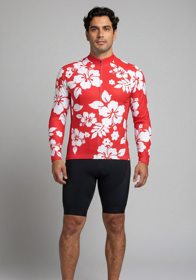 Hawaiian Shirt Aloha Floral Long Sleeve Cycling Jersey - Red - front view