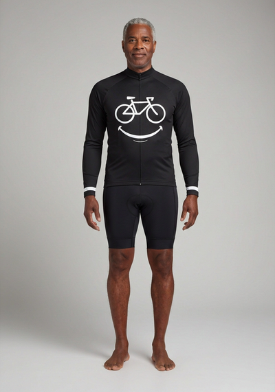 Mens Smiling Bike Long Sleeve Cycling Jersey - Black - front view