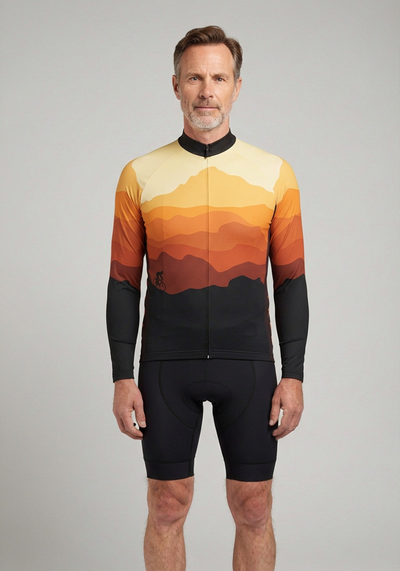 Mens Ride Free Sunset Long Sleeve Cycling Jersey - Orange - front view