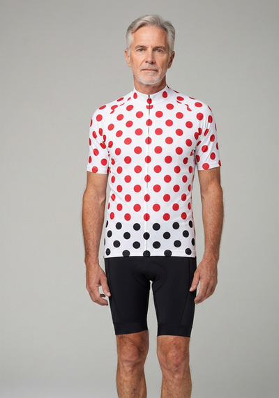 Mens White Polka Dot Short Sleeve Cycling Jersey - Red - front view