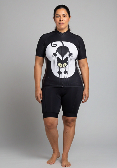 Womens Black Cat Clawing Cycling Jersey - _default - front view