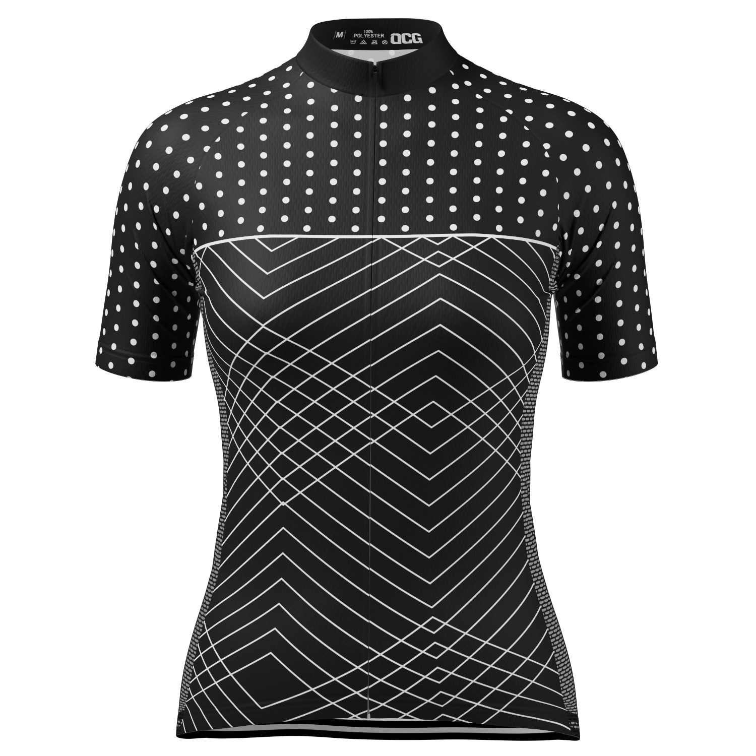 Women's White Polka Dots on Black Zigzag Short Sleeve Cycling Jersey