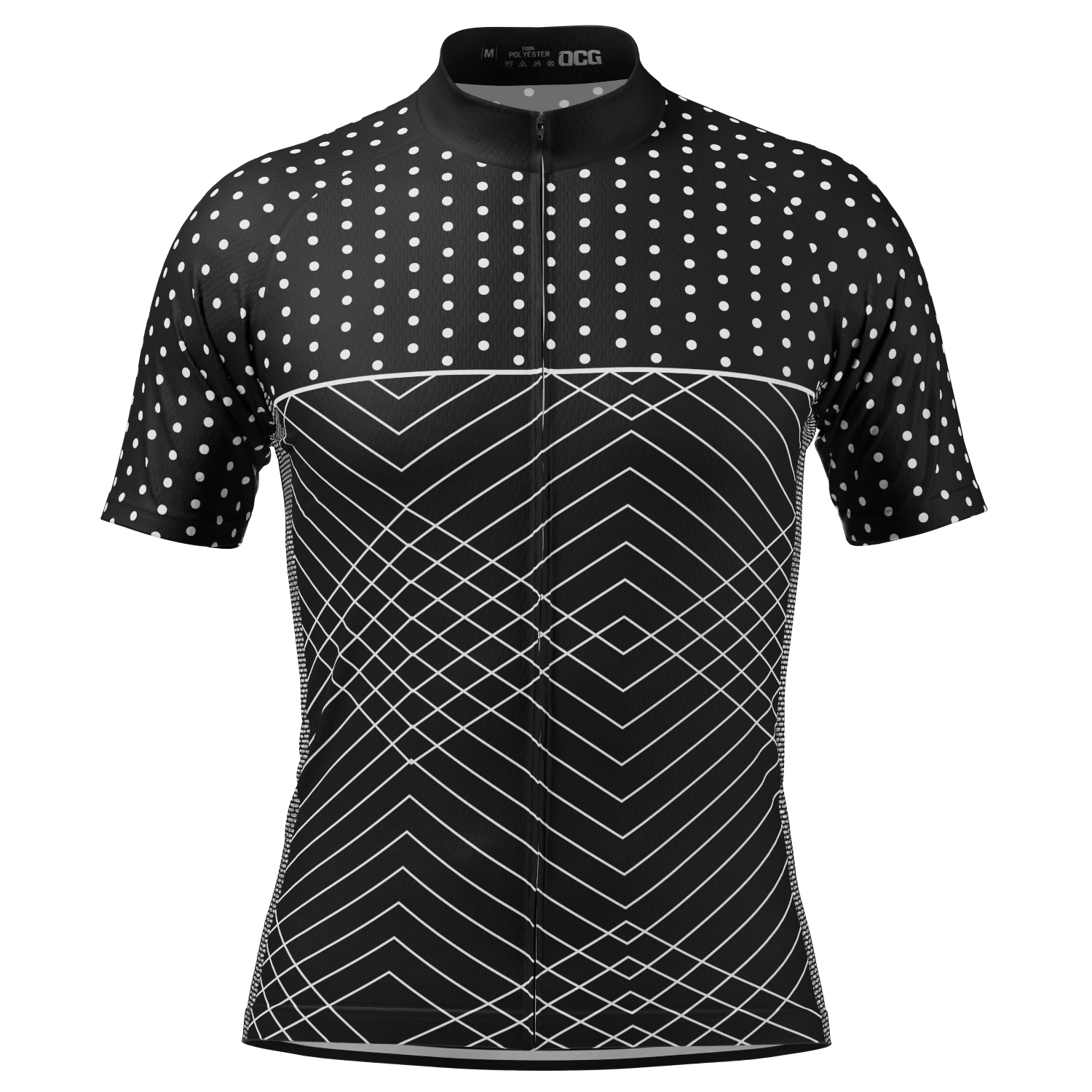 Men's White Polka Dots on Black Zigzag Short Sleeve Cycling Jersey