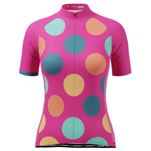 Women's High Viz Pink Bold Polka Dot Short Sleeve Cycling Jersey